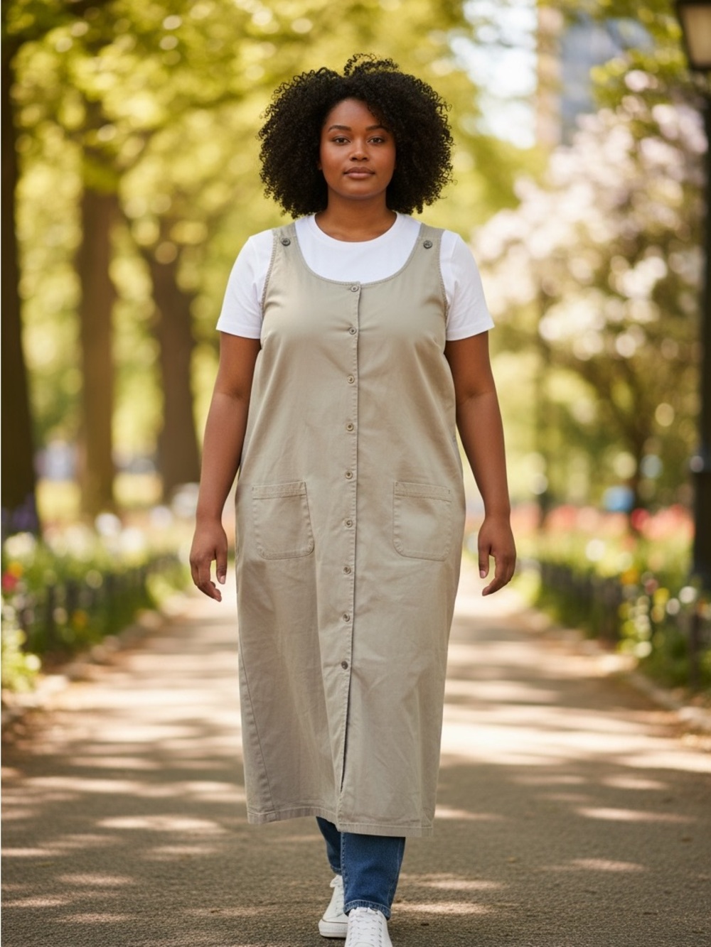 SAG HARBOR Button-Front Sleeveless Midi Dress in Light Gray medium